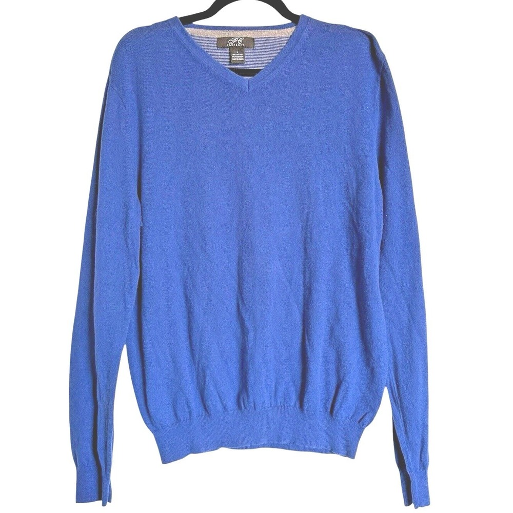 Foxcroft Cotton Cashmere Sweater M Blue V Neck Quiet Luxury Preppy Classic